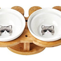 HKM-4931901 Ceramic and Wood Automatic Cat Bowl with Multiple Designs and Two Bowls Included