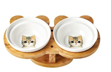 HKM-4931901 Ceramic and Wood Automatic Cat Bowl with Multiple Designs and Two Bowls Included