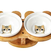 HKM-4931901 Ceramic and Wood Automatic Cat Bowl with Multiple Designs and Two Bowls Included