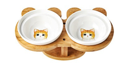 HKM-4931901 Ceramic and Wood Automatic Cat Bowl with Multiple Designs and Two Bowls Included
