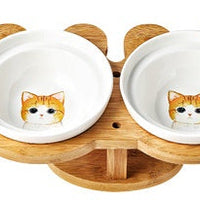 HKM-4931901 Ceramic and Wood Automatic Cat Bowl with Multiple Designs and Two Bowls Included