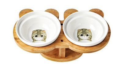 HKM-4931901 Ceramic and Wood Automatic Cat Bowl with Multiple Designs and Two Bowls Included