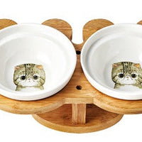 HKM-4931901 Ceramic and Wood Automatic Cat Bowl with Multiple Designs and Two Bowls Included