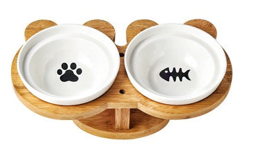 HKM-4931901 Ceramic and Wood Automatic Cat Bowl with Multiple Designs and Two Bowls Included