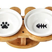 HKM-4931901 Ceramic and Wood Automatic Cat Bowl with Multiple Designs and Two Bowls Included