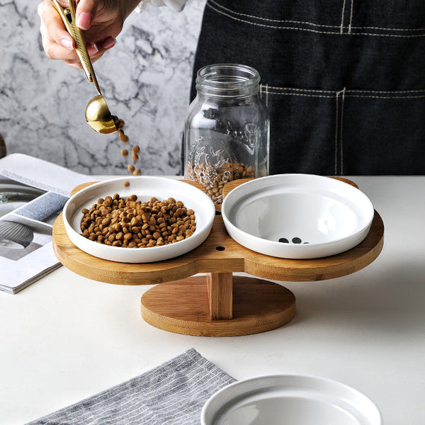 HKM-4931901 Ceramic and Wood Automatic Cat Bowl with Multiple Designs and Two Bowls Included