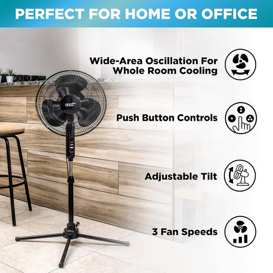 HKM-4934995 16 Inch Electric Oscillating Pedestal Fan with 3 Speed Settings, Adjustable Height and Tilt, Ideal for Home and Office