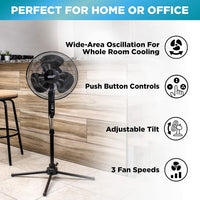 HKM-4934995 16 Inch Electric Oscillating Pedestal Fan with 3 Speed Settings, Adjustable Height and Tilt, Ideal for Home and Office