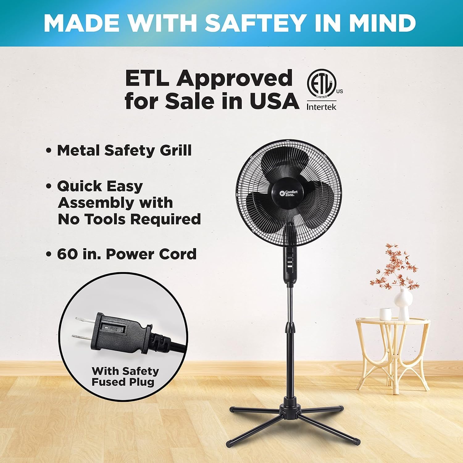 HKM-4934995 16 Inch Electric Oscillating Pedestal Fan with 3 Speed Settings, Adjustable Height and Tilt, Ideal for Home and Office