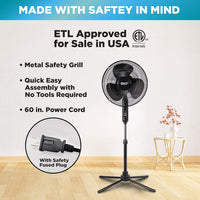 HKM-4934995 16 Inch Electric Oscillating Pedestal Fan with 3 Speed Settings, Adjustable Height and Tilt, Ideal for Home and Office