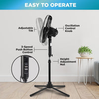HKM-4934995 16 Inch Electric Oscillating Pedestal Fan with 3 Speed Settings, Adjustable Height and Tilt, Ideal for Home and Office