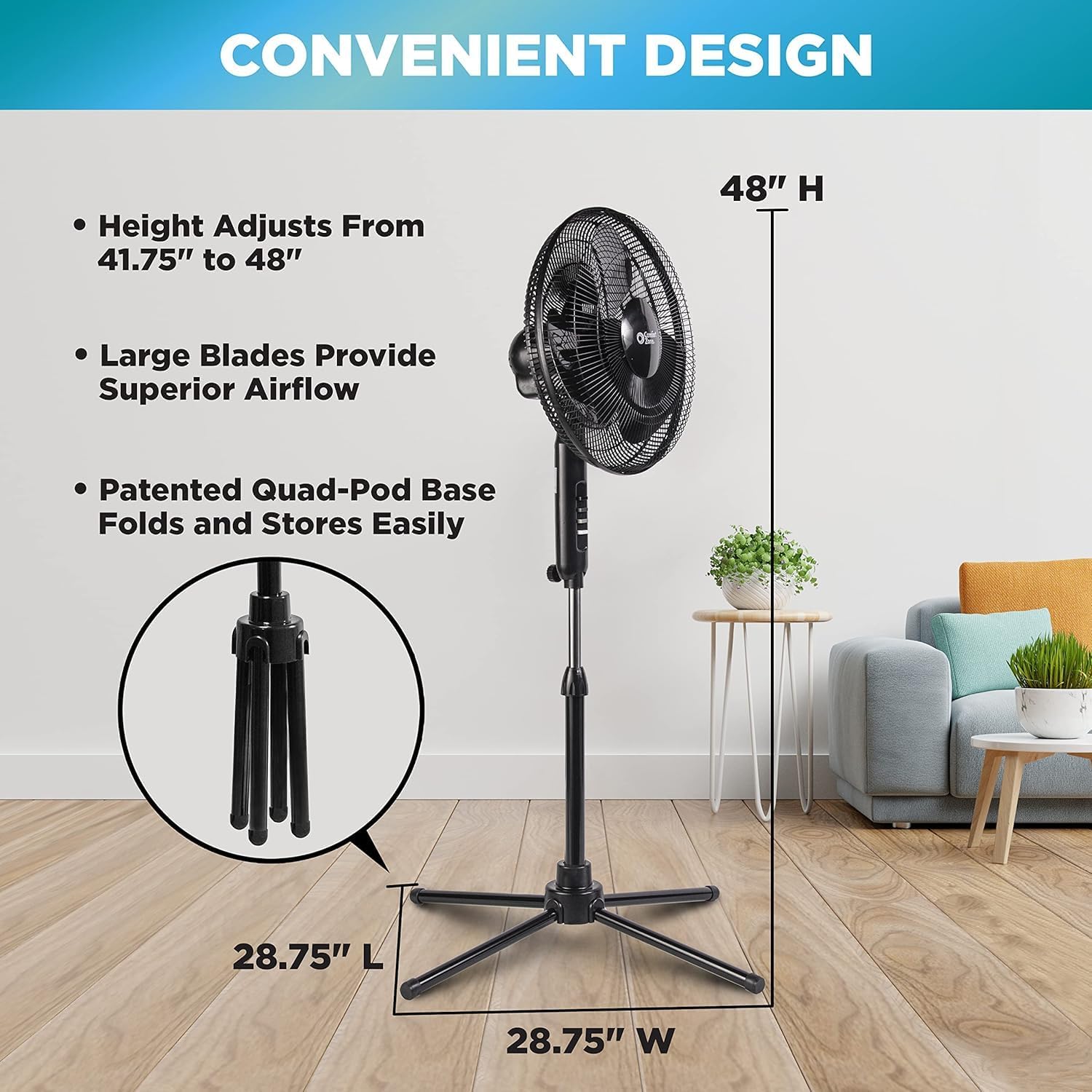 HKM-4934995 16 Inch Electric Oscillating Pedestal Fan with 3 Speed Settings, Adjustable Height and Tilt, Ideal for Home and Office