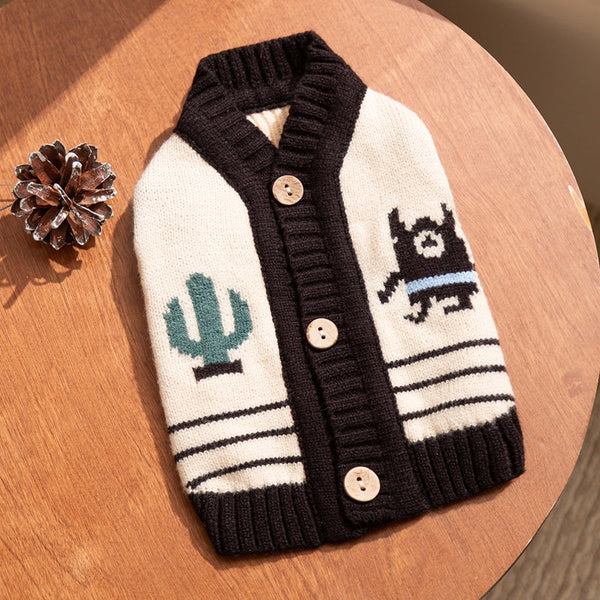 HKM-4936253 Warm Knit Dog Sweater with Monster Pattern for Small to Medium Pets - Cozy and Breathable Cardigan for Fall and Winter