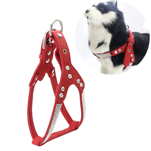 HKM-4936765 Rhinestone Suede Chest Strap for Small to Medium Dogs with Crystal Bone Pendant