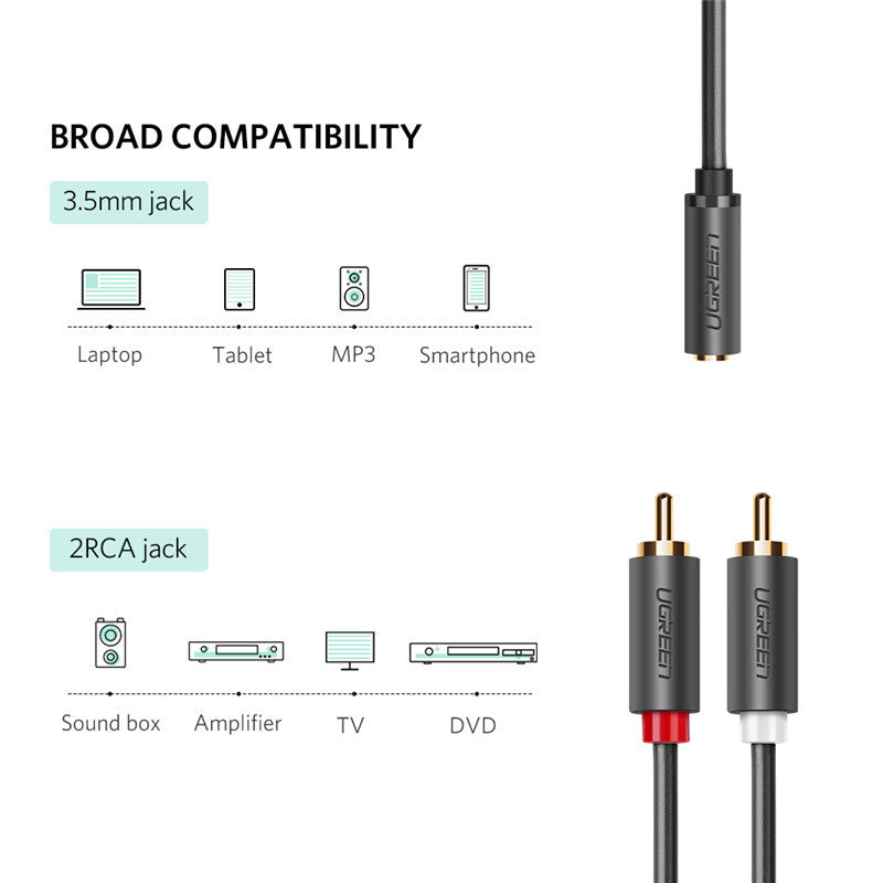 HKM-493843 Audio Cable 3.5mm Female to 2 RCA Male with Gold-Plated Connectors, 25cm Length, Tinned Copper Conductor