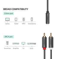 HKM-493843 Audio Cable 3.5mm Female to 2 RCA Male with Gold-Plated Connectors, 25cm Length, Tinned Copper Conductor