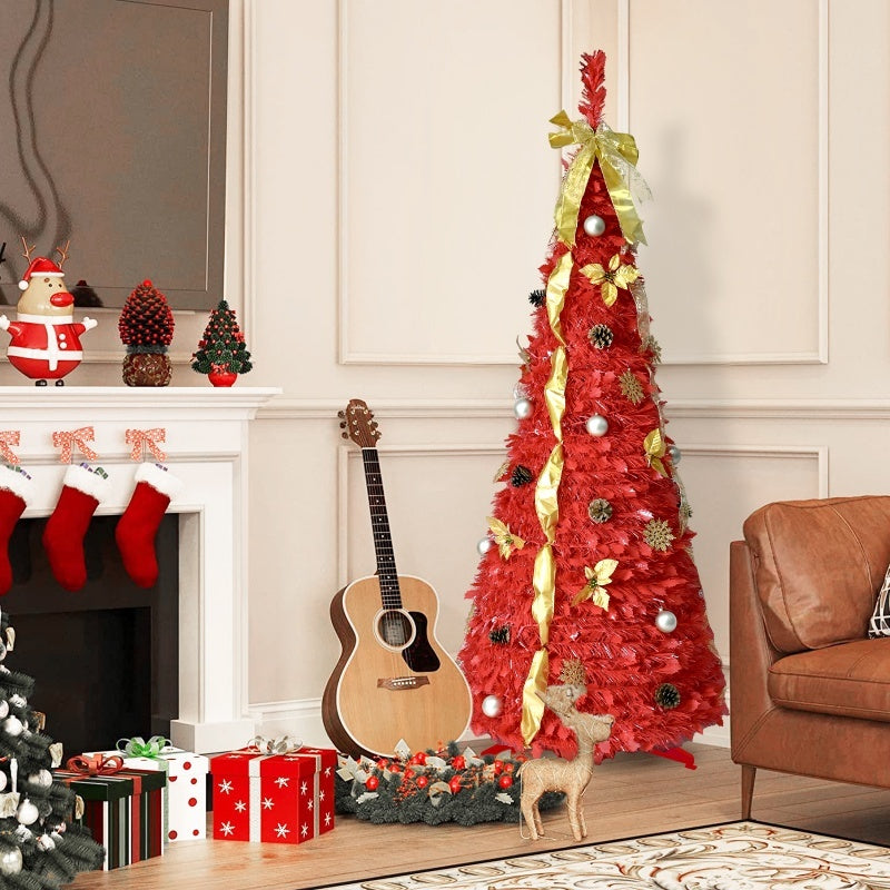 HKM-493907 6ft Pop Up Christmas Tree with 150 Lights, Ribbons, Flowers, Snowflakes, and Ornaments