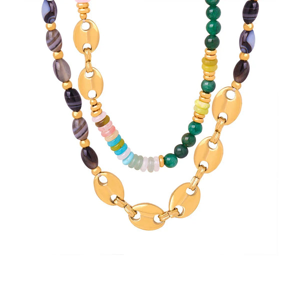 HKM-494163 Fashion Gold Plated Stainless Steel Coffee Bean Chain Natural Stone Green Red Agate Beads Chokers Necklace Jewelry for Women