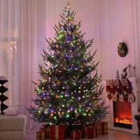 HKM-494227 9 ft Green Prelit Artificial Christmas Tree with 300 LED Lights and Wide Metal Base