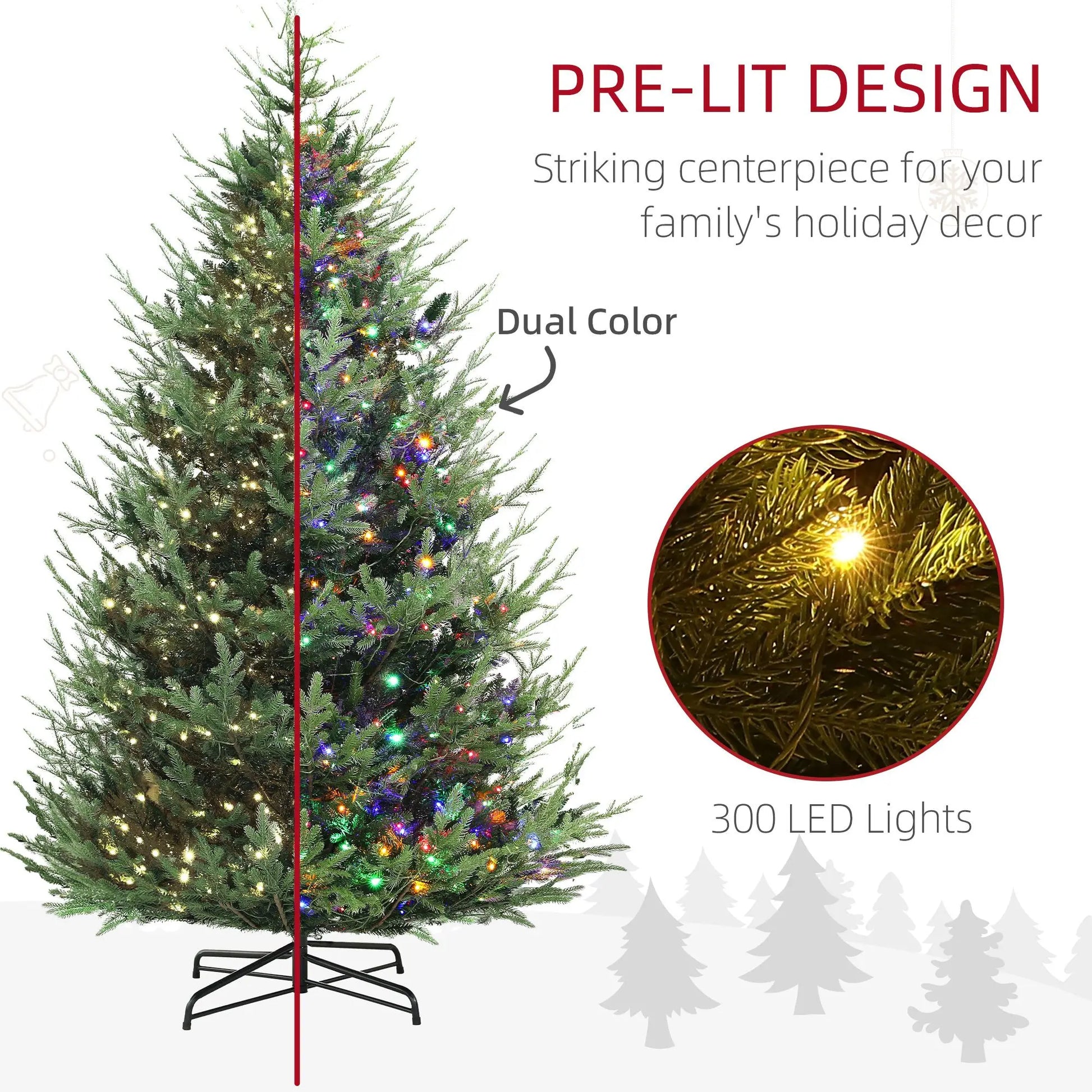 HKM-494227 9 ft Green Prelit Artificial Christmas Tree with 300 LED Lights and Wide Metal Base