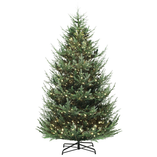HKM-494227 9 ft Green Prelit Artificial Christmas Tree with 300 LED Lights and Wide Metal Base