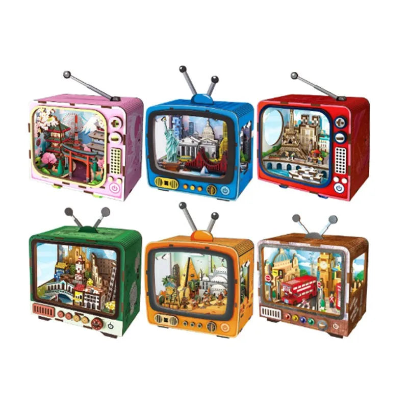 HKM-494291 Wooden 3D TV Set Building Puzzle Miniature Dollhouse DIY Kit for Creative Play
