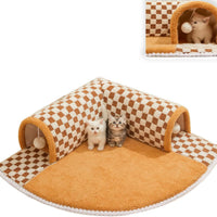 HKM-4944701 Plush Plaid Cat Tunnel Bed with Central Mat – 2-in-1 Indoor Cat Play and Sleep Space