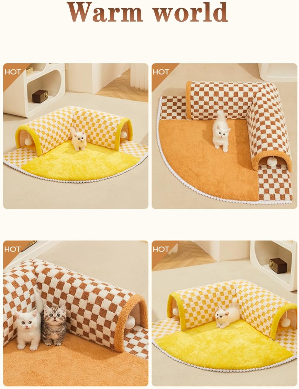 HKM-4944701 Plush Plaid Cat Tunnel Bed with Central Mat – 2-in-1 Indoor Cat Play and Sleep Space