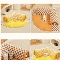 HKM-4944701 Plush Plaid Cat Tunnel Bed with Central Mat – 2-in-1 Indoor Cat Play and Sleep Space