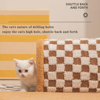 HKM-4944701 Plush Plaid Cat Tunnel Bed with Central Mat – 2-in-1 Indoor Cat Play and Sleep Space