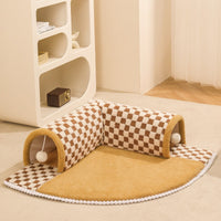 HKM-4944701 Plush Plaid Cat Tunnel Bed with Central Mat – 2-in-1 Indoor Cat Play and Sleep Space