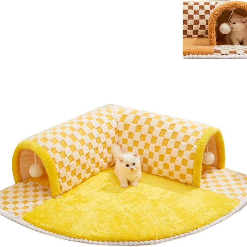 HKM-4944701 Plush Plaid Cat Tunnel Bed with Central Mat – 2-in-1 Indoor Cat Play and Sleep Space