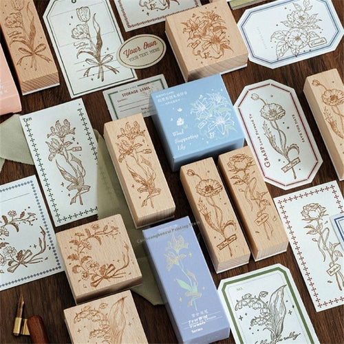 HKM-494547 Artistic Flower Wooden Stamp Set with Ink - Ideal for DIY Notebook Decoration