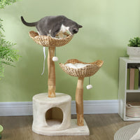 HKM-4946493 Modern 37-Inch Cat Tree with Wooden Scratching Posts, Condo, Beds, Cushions, and Toy Balls