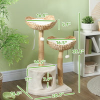 HKM-4946493 Modern 37-Inch Cat Tree with Wooden Scratching Posts, Condo, Beds, Cushions, and Toy Balls