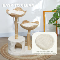 HKM-4946493 Modern 37-Inch Cat Tree with Wooden Scratching Posts, Condo, Beds, Cushions, and Toy Balls