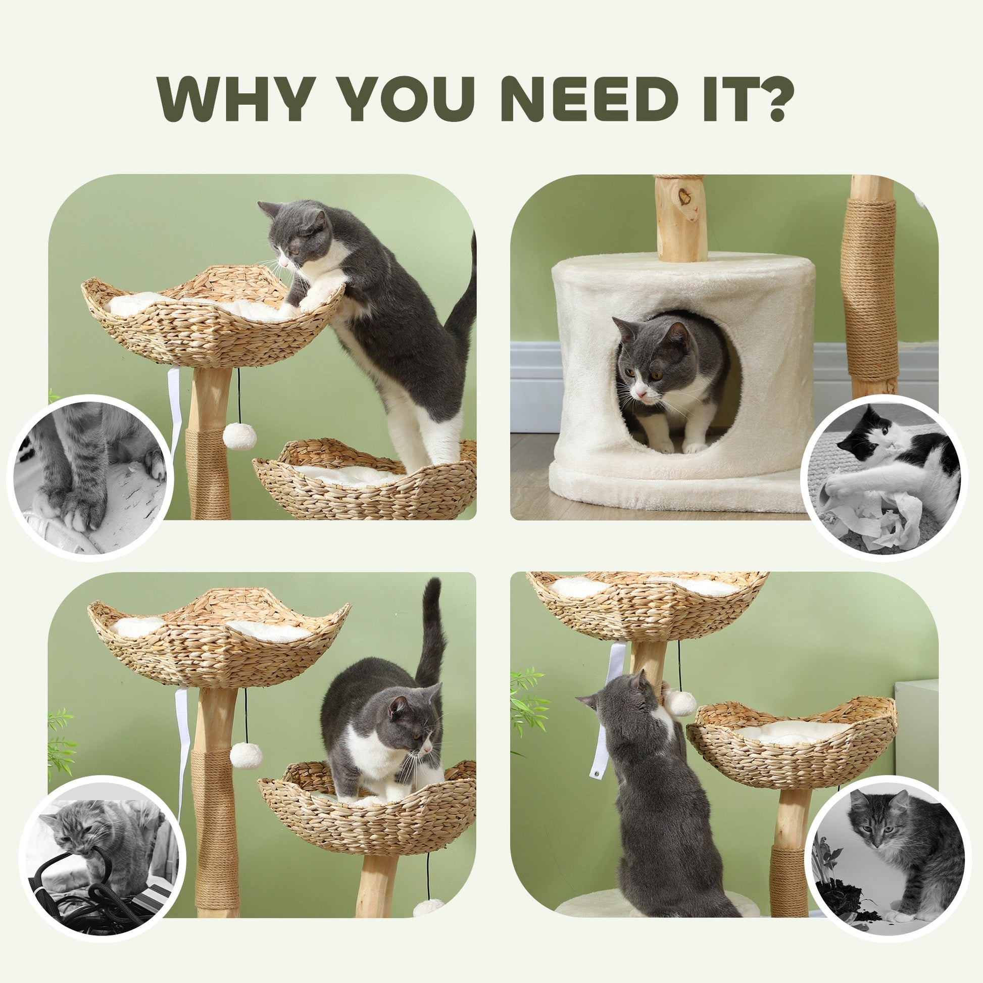 HKM-4946493 Modern 37-Inch Cat Tree with Wooden Scratching Posts, Condo, Beds, Cushions, and Toy Balls