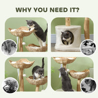 HKM-4946493 Modern 37-Inch Cat Tree with Wooden Scratching Posts, Condo, Beds, Cushions, and Toy Balls