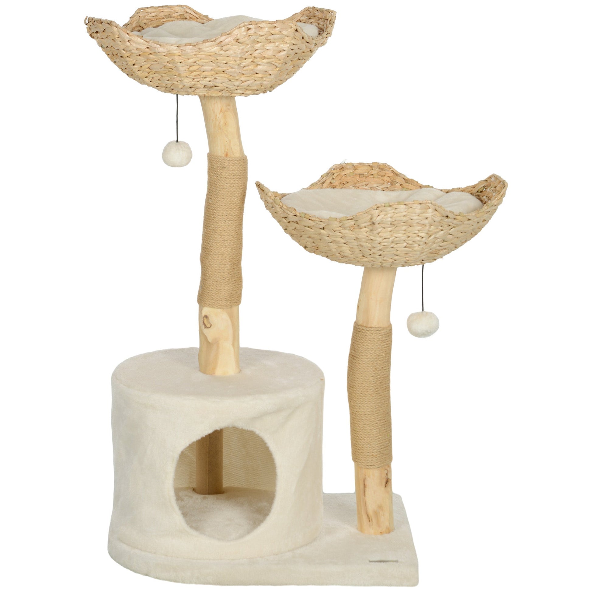 HKM-4946493 Modern 37-Inch Cat Tree with Wooden Scratching Posts, Condo, Beds, Cushions, and Toy Balls