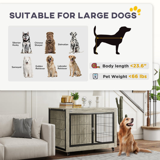 HKM-4946877 39-Inch Dog Crate Furniture Side Table on Wheels – Gray, Interchangeable Access Doors, Ideal for Large Dogs up to 66 lbs
