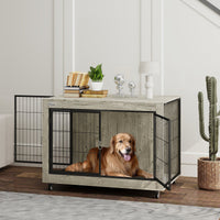 HKM-4946877 39-Inch Dog Crate Furniture Side Table on Wheels – Gray, Interchangeable Access Doors, Ideal for Large Dogs up to 66 lbs