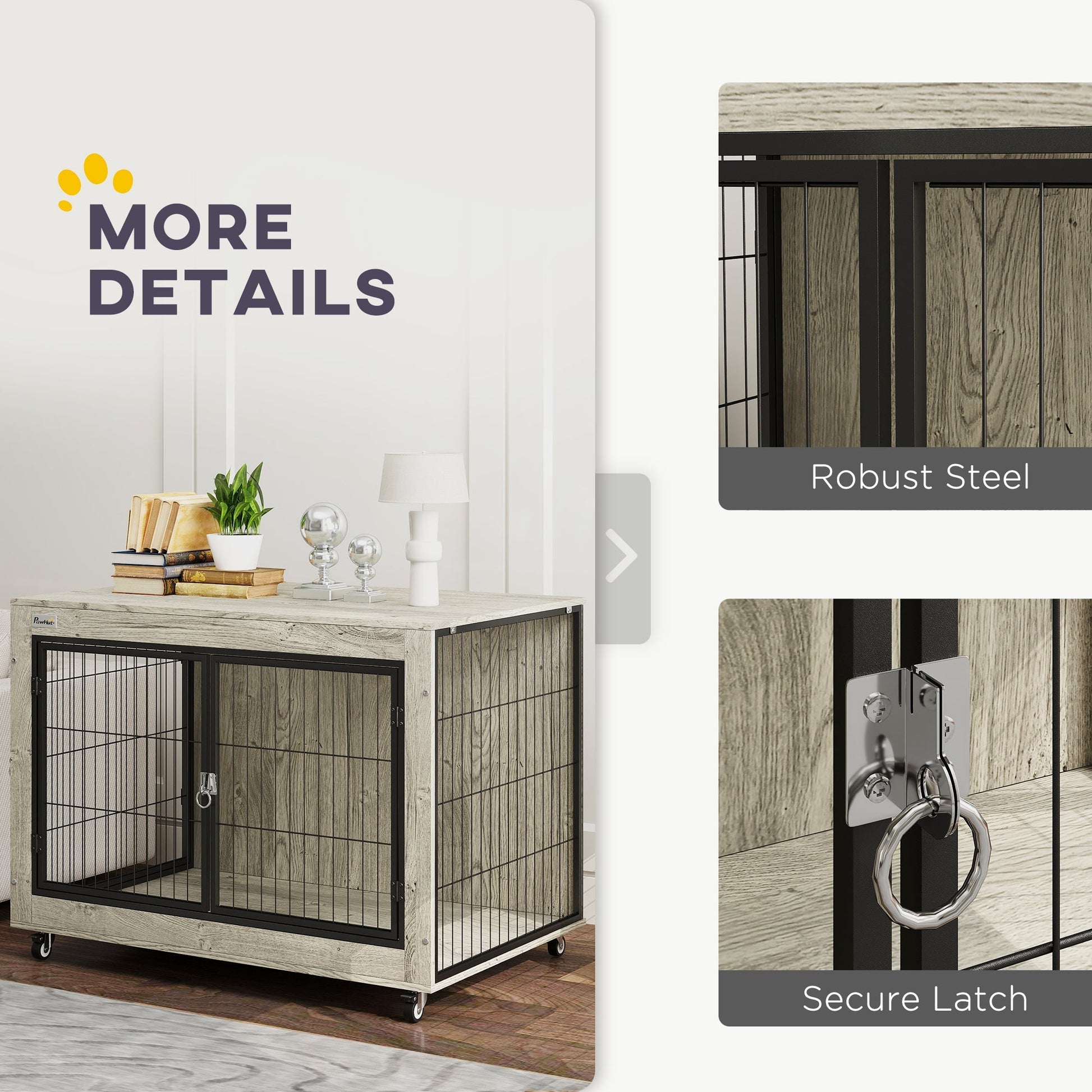 HKM-4946877 39-Inch Dog Crate Furniture Side Table on Wheels – Gray, Interchangeable Access Doors, Ideal for Large Dogs up to 66 lbs