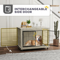 HKM-4946877 39-Inch Dog Crate Furniture Side Table on Wheels – Gray, Interchangeable Access Doors, Ideal for Large Dogs up to 66 lbs