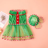 HKM-4950589 Cute Green Gauze Skirt and Hat Outfit for Dogs - Holiday Pet Clothing