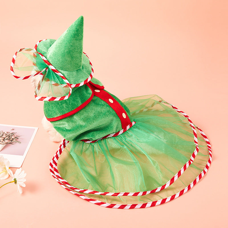 HKM-4950589 Cute Green Gauze Skirt and Hat Outfit for Dogs - Holiday Pet Clothing