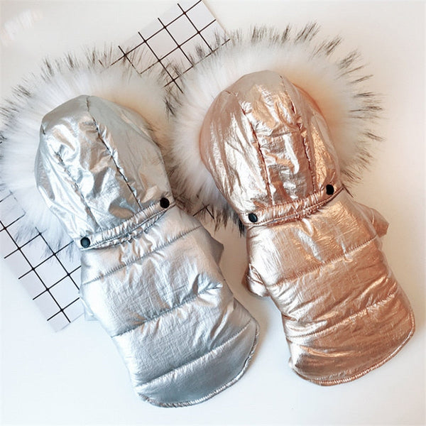 HKM-4953149 Cozy Cotton-Padded Dog Jacket with Fur Collar in Bright Gold and Silver