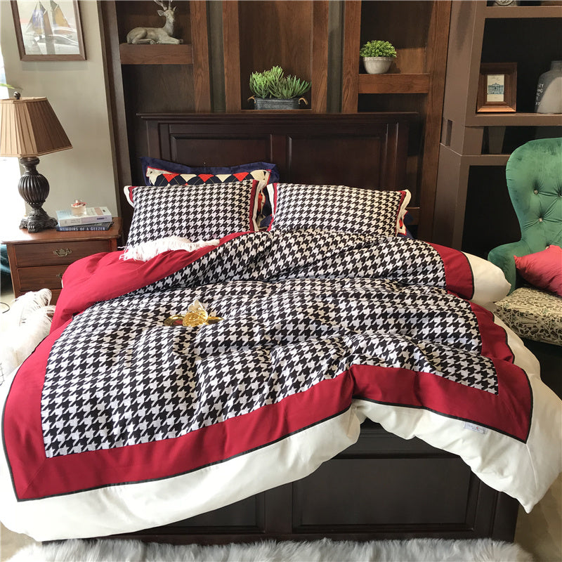 HKM-496083 Cotton North Velvet Houndstooth Bedding Set - 4 Piece Quilt Cover, Sheets, Pillow Cases