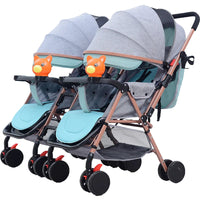 HKM-4961619 gray twin stroller set with mint accents and mesh baskets