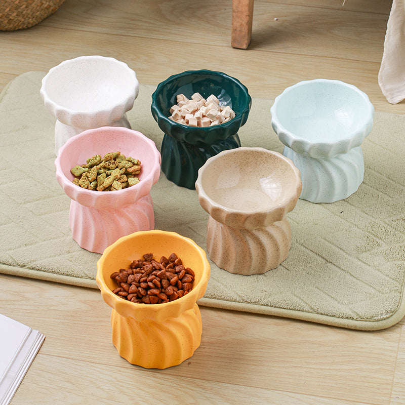 HKM-4964669 Ceramic Cat Bowl with High Feet - Anti-Tipping Design, Available in Dark Green, Yellow Snowflakes, Beige Snowflakes, White Snowflakes