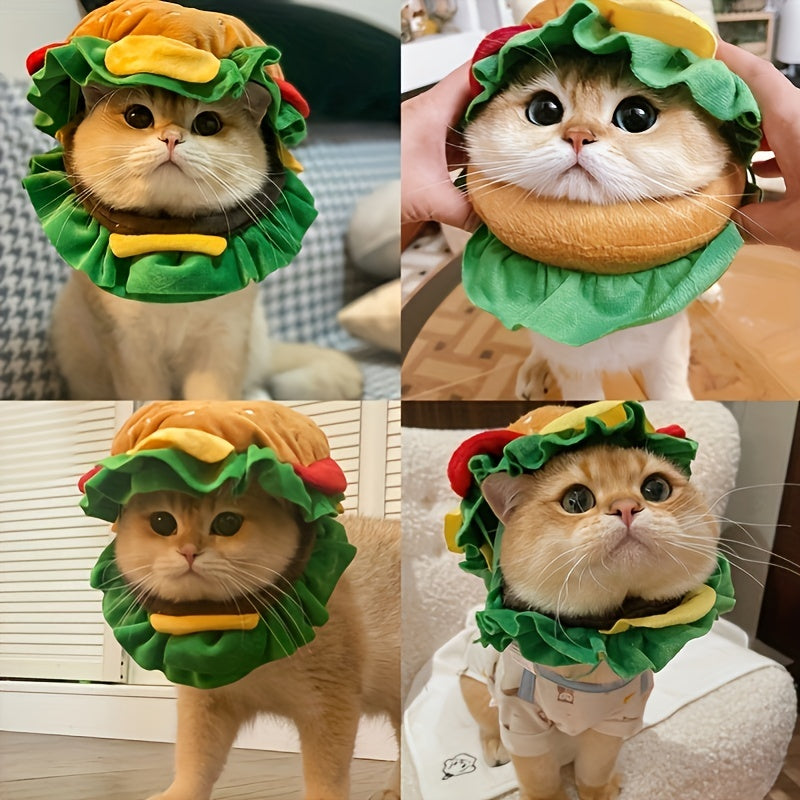 HKM-4967741 Funny Cat Burger Headdress Collar - Whimsical Pet Cartoon Hat